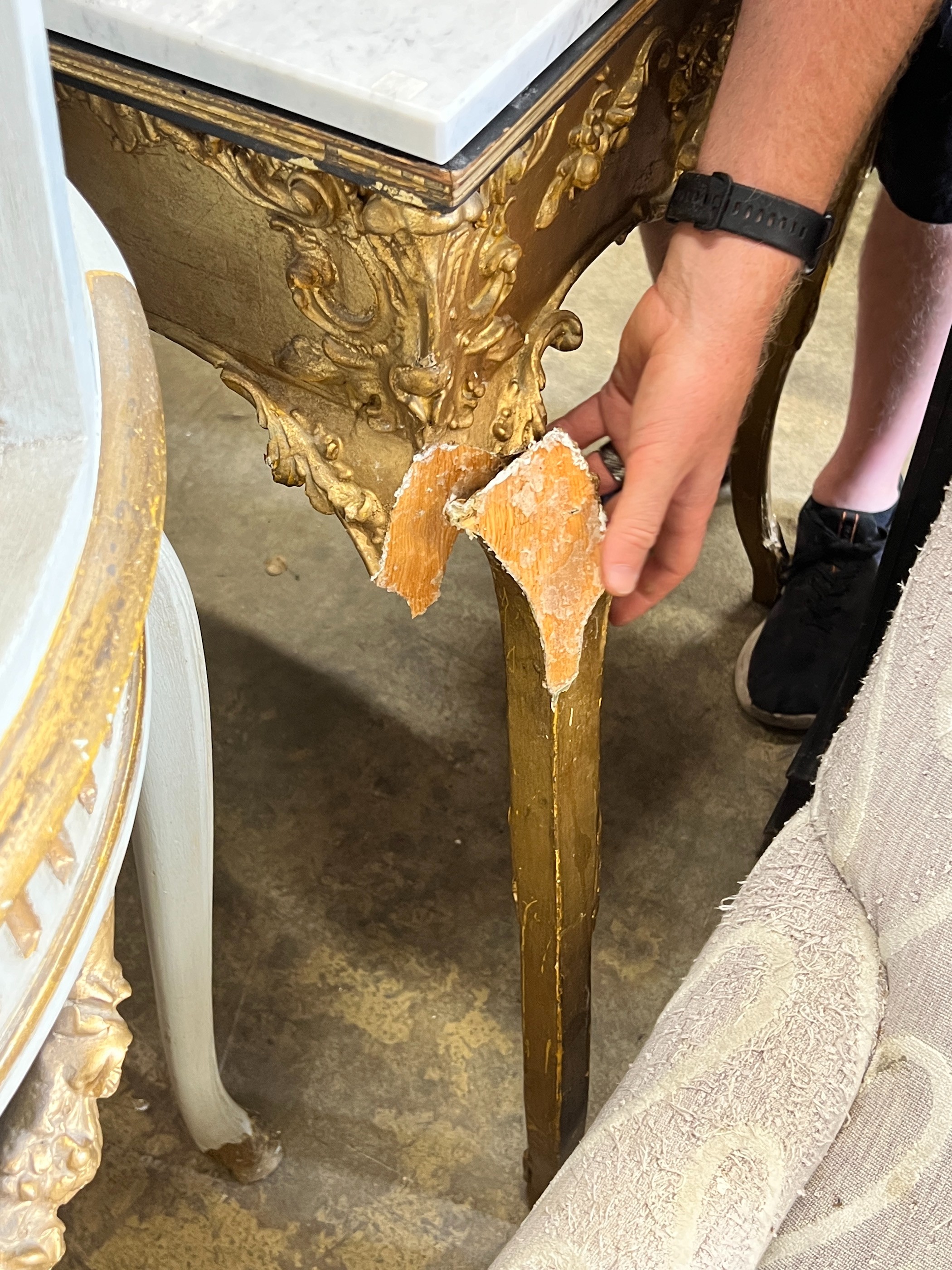 A giltwood and gesso marble topped side table, width 85cm, depth 57cm, height 80cm